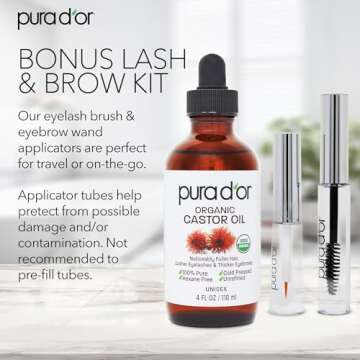 PURA D'OR 4 Oz ORGANIC Castor Oil - w/ 2 BONUS Empty Brushes - 100% Pure USDA Certified Cold Pressed...