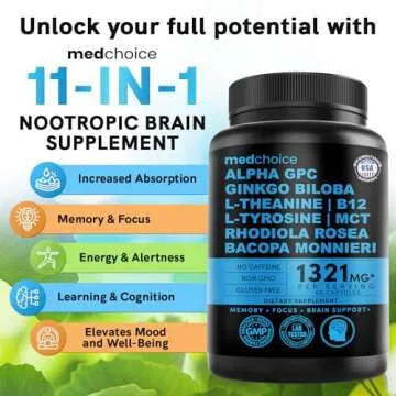 Nootropic Brain Support for Memory & Focus - Vegan, 1321mg