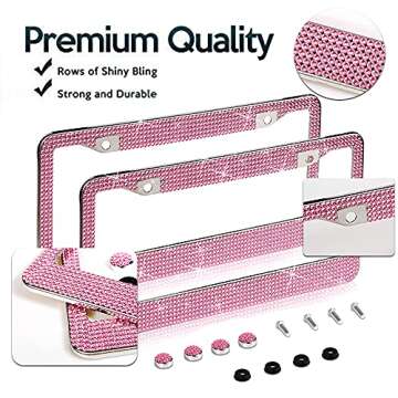 2 Pack Bling License Plate Frame，Handcrafted Bling Rhinestone Premium Stainless Steel License Plate Frame，14 Facets Clear Color Rhinestone Crystal (Pink)