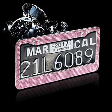 2 Pack Bling License Plate Frame，Handcrafted Bling Rhinestone Premium Stainless Steel License Plate Frame，14 Facets Clear Color Rhinestone Crystal (Pink)