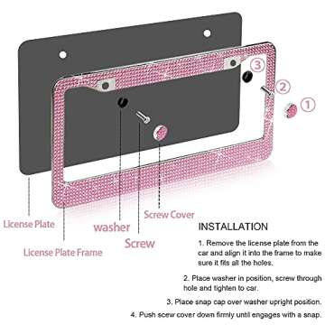 2 Pack Bling License Plate Frame，Handcrafted Bling Rhinestone Premium Stainless Steel License Plate Frame，14 Facets Clear Color Rhinestone Crystal (Pink)