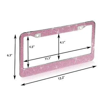 2 Pack Bling License Plate Frame，Handcrafted Bling Rhinestone Premium Stainless Steel License Plate Frame，14 Facets Clear Color Rhinestone Crystal (Pink)