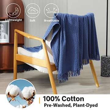 Simple&Opulence 100% Cotton Throw Blanket for Couch, Bed, Waffle Weave Cable Knit Blanket with Tassels, Soft Lightweight Pre-Washed Breathable Cozy Blanket Farmhouse Decoration for All-Season (Blue)