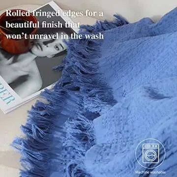 Simple&Opulence 100% Cotton Throw Blanket for Couch, Bed, Waffle Weave Cable Knit Blanket with Tassels, Soft Lightweight Pre-Washed Breathable Cozy Blanket Farmhouse Decoration for All-Season (Blue)