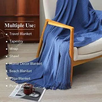 Simple&Opulence 100% Cotton Throw Blanket for Couch, Bed, Waffle Weave Cable Knit Blanket with Tassels, Soft Lightweight Pre-Washed Breathable Cozy Blanket Farmhouse Decoration for All-Season (Blue)