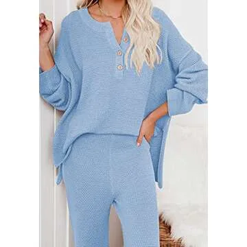 Pink Queen Women's 2 Piece Knit Outfit Button Knit Pullover Sweater Top and Long Pants Sweatsuit Loungewear Set Blue M