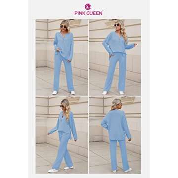 Pink Queen Women's 2 Piece Knit Outfit Button Knit Pullover Sweater Top and Long Pants Sweatsuit Loungewear Set Blue M