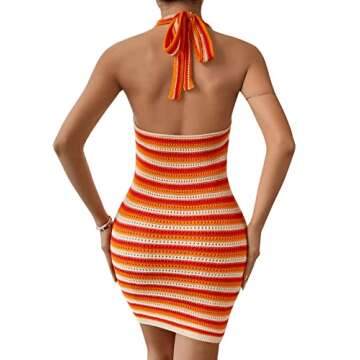 Verdusa Women's Deep V Neck Backless Striped Knit Short Bodycon Halter Dress Orange S