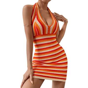 Verdusa Women's Deep V Neck Backless Striped Knit Short Bodycon Halter Dress Orange S
