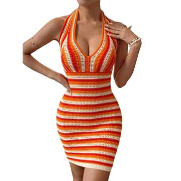 Verdusa Women's Deep V Neck Backless Striped Knit Short Bodycon Halter Dress Orange S