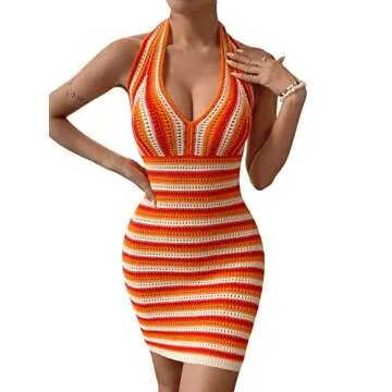 Verdusa Women's Deep V Neck Backless Striped Knit Short Bodycon Halter Dress Orange S