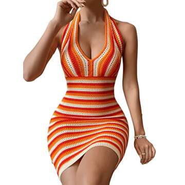 Verdusa Women's Deep V Neck Backless Striped Knit Short Bodycon Halter Dress Orange S
