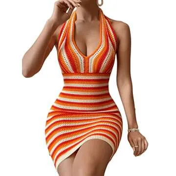 Verdusa Women's Deep V Neck Backless Striped Knit Short Bodycon Halter Dress Orange S