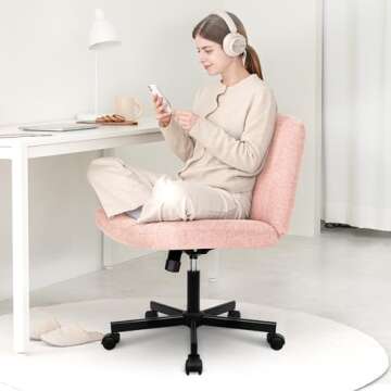 Orange Factory Criss Cross Chair with Wheels Comfy Cross Legged Office Desk Armless Wide Vanity Makeup Chair Adjustable Rolling Computer for Home Office Fabric (Pink)