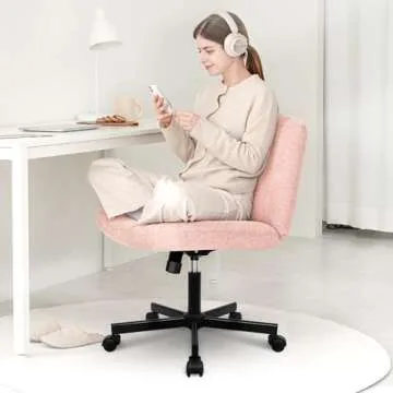 Orange Factory Criss Cross Chair with Wheels Comfy Cross Legged Office Desk Armless Wide Vanity Makeup Chair Adjustable Rolling Computer for Home Office Fabric (Pink)