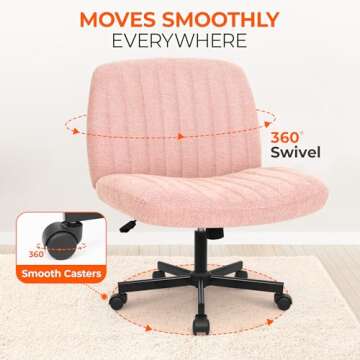 Orange Factory Criss Cross Chair with Wheels Comfy Cross Legged Office Desk Armless Wide Vanity Makeup Chair Adjustable Rolling Computer for Home Office Fabric (Pink)