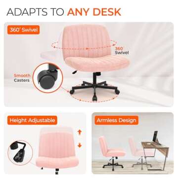 Orange Factory Criss Cross Chair with Wheels Comfy Cross Legged Office Desk Armless Wide Vanity Makeup Chair Adjustable Rolling Computer for Home Office Fabric (Pink)