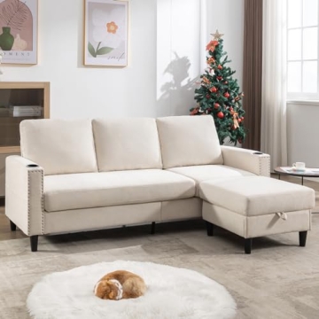 SIIEJIA Convertible Sectional Couch - L-Shaped Sofa with Storage & Cup Holders for Small Spaces