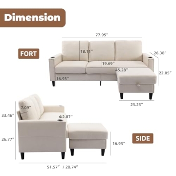 SIIEJIA L-Shaped Sectional Couch with Storage and Cup Holders