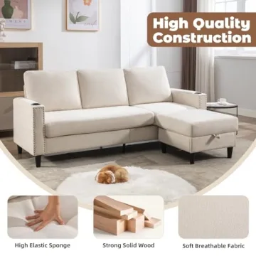 SIIEJIA L-Shaped Sectional Couch with Storage and Cup Holders