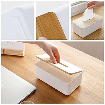 2 Pack Rectangular & Round Wooden Tissue Box Holder Bamboo Hard Tissue Box Cover Facial Tissue Dispe...