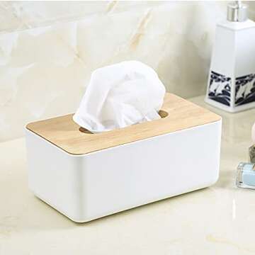 2 Pack Rectangular & Round Wooden Tissue Box Holder Bamboo Hard Tissue Box Cover Facial Tissue Dispenser Box Napkin Organizer Box Holders for Bathroom, Kitchen, Office Room