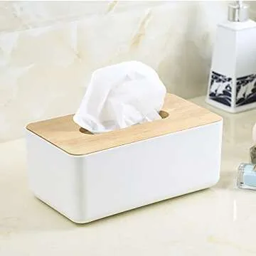 2 Pack Rectangular & Round Wooden Tissue Box Holder Bamboo Hard Tissue Box Cover Facial Tissue Dispenser Box Napkin Organizer Box Holders for Bathroom, Kitchen, Office Room