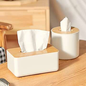 2 Pack Rectangular & Round Wooden Tissue Box Holder Bamboo Hard Tissue Box Cover Facial Tissue Dispenser Box Napkin Organizer Box Holders for Bathroom, Kitchen, Office Room