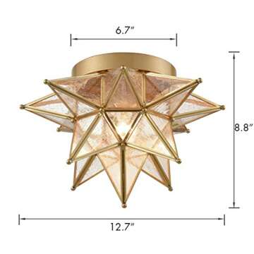 DAYCENT Brass Moravian Star Light Flush Mount Ceiling Lights Seeded Glass Shade Boho Moroccan Ceiling Lamp for Kitchen Foyer