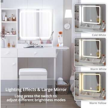 IRONCK Vanity Desk with LED Lighted Mirror & Power Outlet, Makeup Table with Drawers & Cabinet,Storage Stool,Dressing Table for Bedroom, White