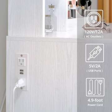 IRONCK Vanity Desk with LED Lighted Mirror & Power Outlet, Makeup Table with Drawers & Cabinet,Storage Stool,Dressing Table for Bedroom, White