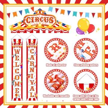 Blulu 3 Pcs Carnival Circus Porch Banner Decorations Circus Party Awning Hanging Banner Carnival Welcome Door Banner Set Carnival Circus Party Supplies for Circus Theme Birthday Decor
