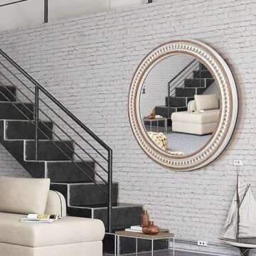 Round Bathroom Mirror Wall Mirrors - 24 Inches Wooden Circle Mirror Rustic Farmhouse Mirror Boho Accent Mirror for Entryway Chic Decorative Mirrors for Bedroom, Living Room, Entryway