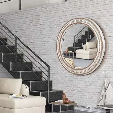 Round Bathroom Mirror Wall Mirrors - 24 Inches Wooden Circle Mirror Rustic Farmhouse Mirror Boho Accent Mirror for Entryway Chic Decorative Mirrors for Bedroom, Living Room, Entryway