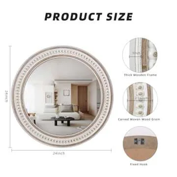 Round Bathroom Mirror Wall Mirrors - 24 Inches Wooden Circle Mirror Rustic Farmhouse Mirror Boho Accent Mirror for Entryway Chic Decorative Mirrors for Bedroom, Living Room, Entryway