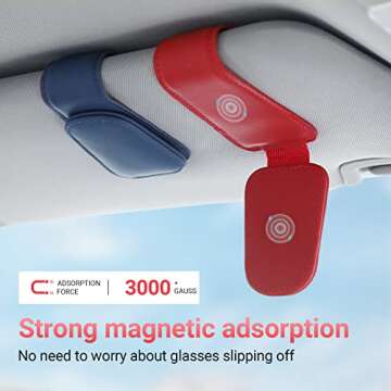 KanSmart Sunglass Holder for Car Visor Sunglasses Clip Magnetic Leather Glasses Eyeglass Holder Truck Car Interior Accessories Universal for Woman Man -Red