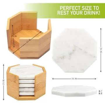 White Carrara Marble Coasters (Set of 5)- Durable, Thick Coasters w Coaster Holder for Easy Storage - Protects Any Table Type & Fits Any Mug, Drinking Glass, Barware -Great Housewarming & Wedding Gift
