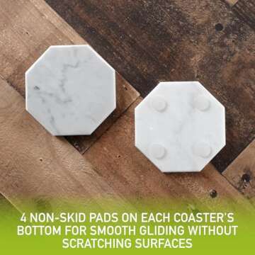 White Carrara Marble Coasters (Set of 5)- Durable, Thick Coasters w Coaster Holder for Easy Storage - Protects Any Table Type & Fits Any Mug, Drinking Glass, Barware -Great Housewarming & Wedding Gift