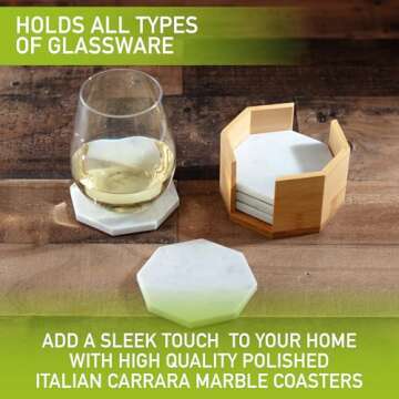 White Carrara Marble Coasters (Set of 5)- Durable, Thick Coasters w Coaster Holder for Easy Storage - Protects Any Table Type & Fits Any Mug, Drinking Glass, Barware -Great Housewarming & Wedding Gift