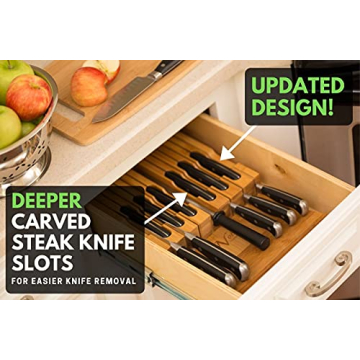 In-Drawer Bamboo Knife Block Holds 12 Knives with Sharpener