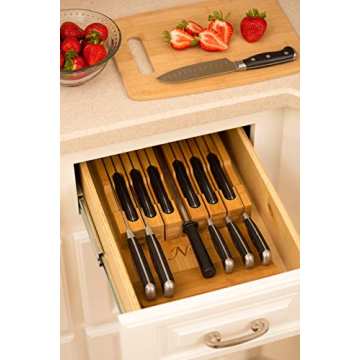 In-Drawer Bamboo Knife Block Holds 12 Knives with Sharpener