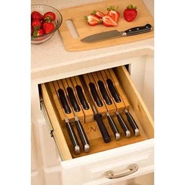 In-Drawer Bamboo Knife Block Holds 12 Knives with Sharpener