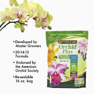 Better-Gro Orchid Plus 20-14-13 - Urea-Free Orchid Fertilizer for Vigorous Growth, Water Soluble, Nitrate Nitrogen-Rich, Ideal for Indoor Potted Plants and Tropical Plants - 16 oz Resealable Bag