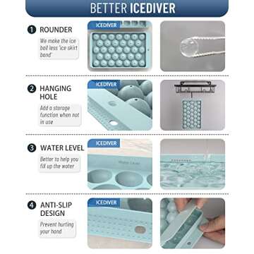 Icediver Circle Ball Ice Trays for Freezer with Lid & Bin, Sphere Ice Cube Mold Making 99 x 1.0IN Small Round Ice Cubes(Updated Blue Ice Trays, 1 Ice Bucket & Tongs)