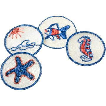 Folkulture Coasters for Drinks, Set of 4 Farmhouse Coasters, 4" Round Cute Coastal Aesthetic Coaster...