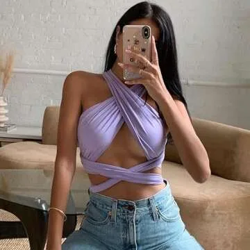 ZAFUL Ribbed Halter Crop Top Ruched Lace-up Cropped Cami Bandana Top Stitching Cropped Tank Top Purple