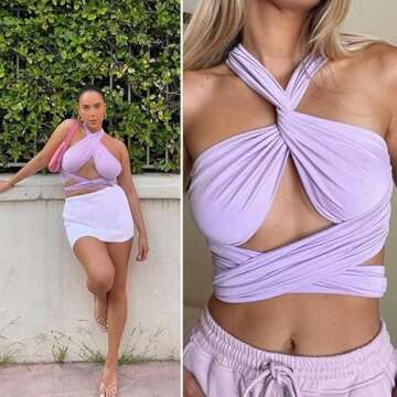 ZAFUL Ribbed Halter Crop Top Ruched Lace-up Cropped Cami Bandana Top Stitching Cropped Tank Top Purple