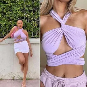 ZAFUL Ribbed Halter Crop Top Ruched Lace-up Cropped Cami Bandana Top Stitching Cropped Tank Top Purple