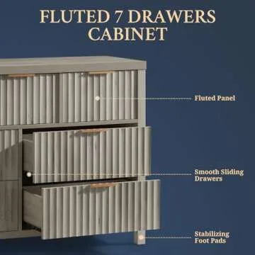 OAKHAM HOME Fluted 7 Drawer Dresser, Large Wide Chest of Drawers for Bedroom, Modern Storage Dresser Mid Century TV Stand Dresser, Wood Drawer Organizer for Bedroom, Living Room, Hallway, Gray Oak