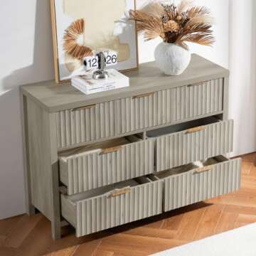 OAKHAM HOME Fluted 7 Drawer Dresser, Large Wide Chest of Drawers for Bedroom, Modern Storage Dresser Mid Century TV Stand Dresser, Wood Drawer Organizer for Bedroom, Living Room, Hallway, Gray Oak